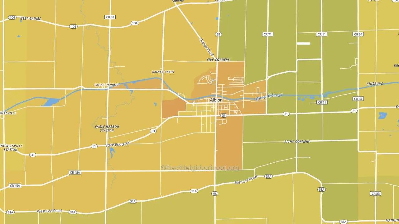 Map of the best neighborhoods in the 14411 area, with better matches in green and worse matches in red