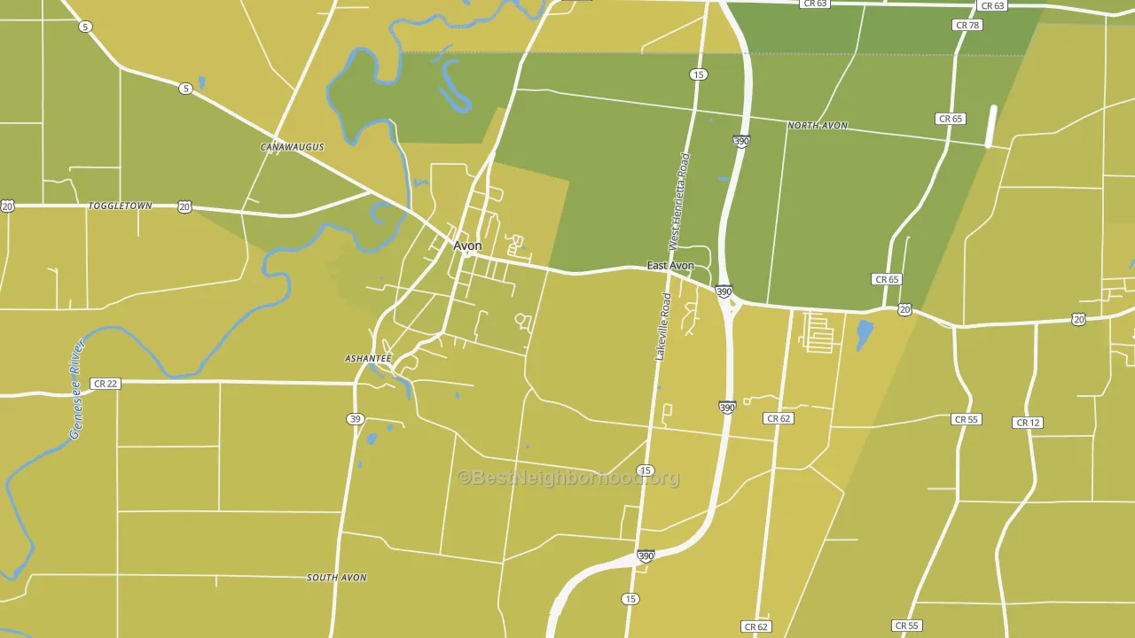 Map of the best neighborhoods in the 14414 area, with better matches in green and worse matches in red