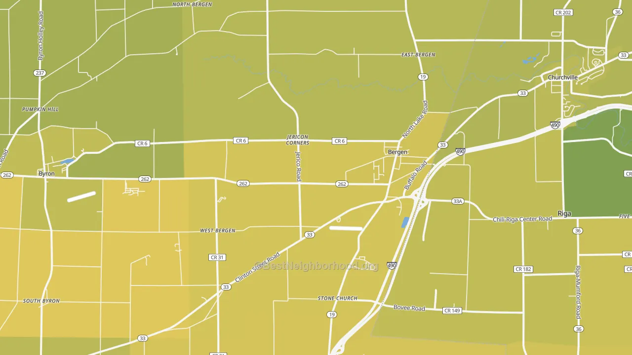 Map of the best neighborhoods in the 14416 area, with better matches in green and worse matches in red
