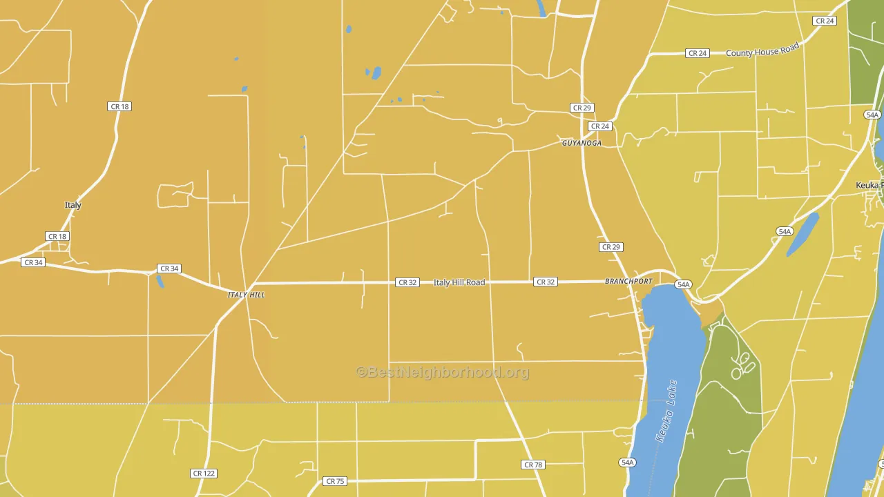 Map of the best neighborhoods in the 14418 area, with better matches in green and worse matches in red