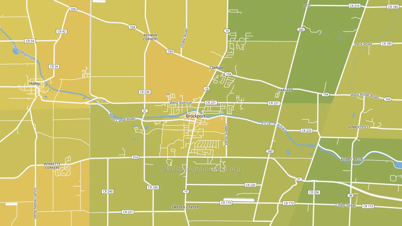 Map of the best neighborhoods in the 14420 area, with better matches in green and worse matches in red