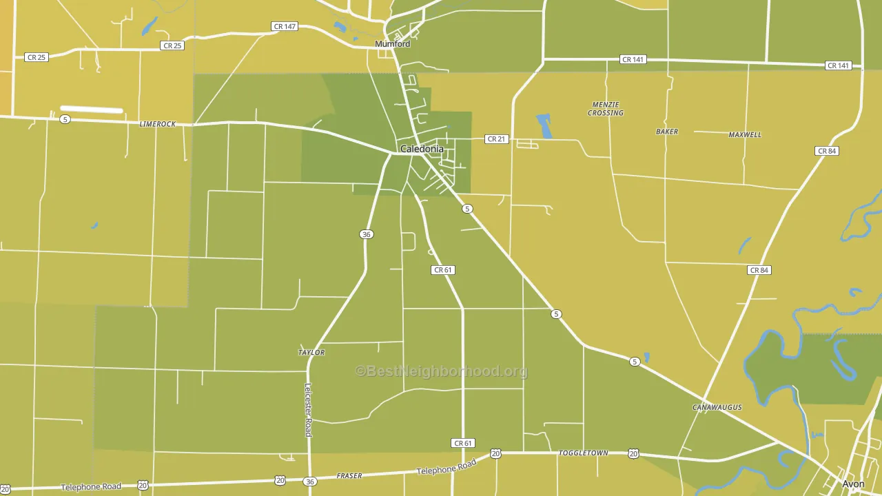 Map of the best neighborhoods in the 14423 area, with better matches in green and worse matches in red