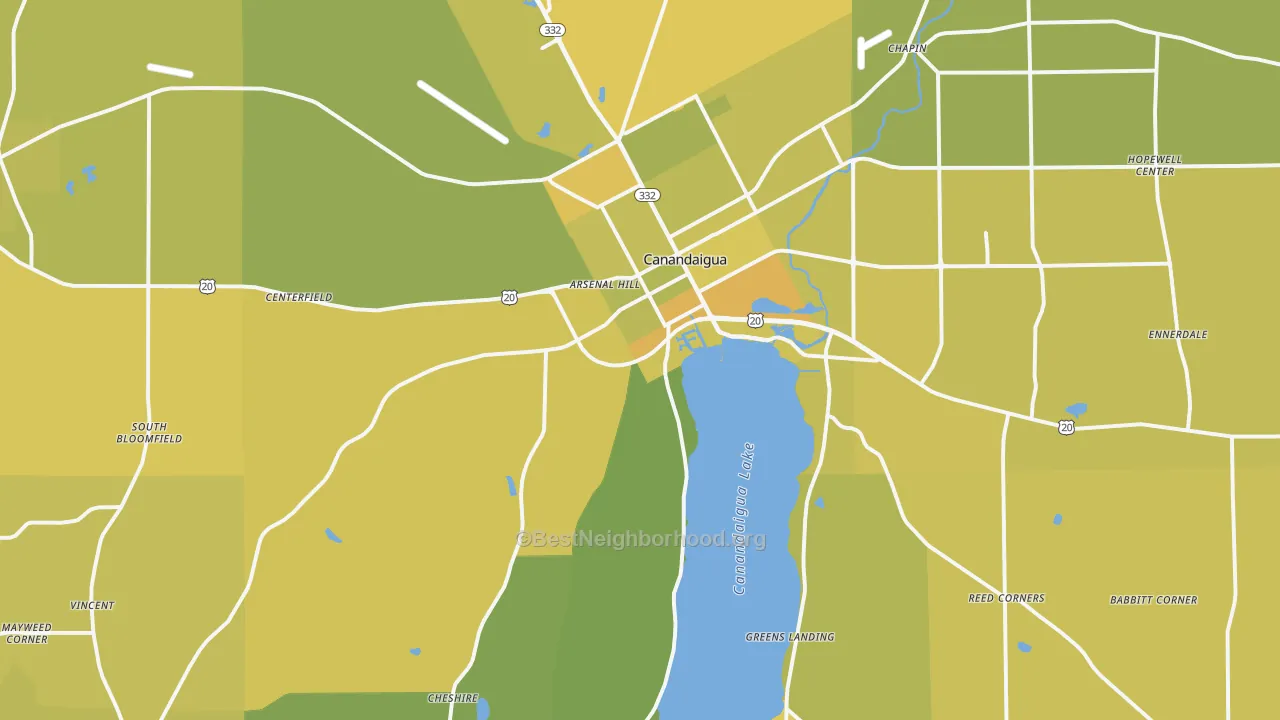 Map of the best neighborhoods in the 14424 area, with better matches in green and worse matches in red