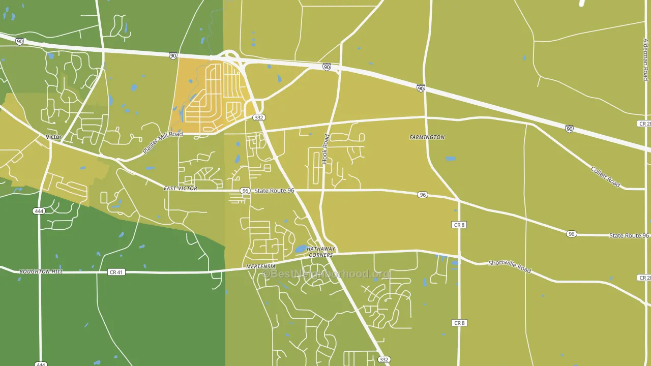 Map of the best neighborhoods in the 14425 area, with better matches in green and worse matches in red