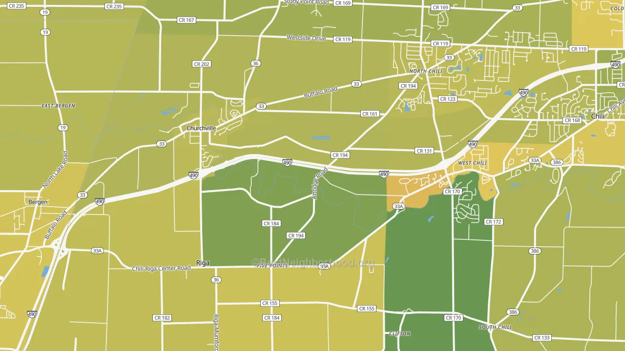Map of the best neighborhoods in the 14428 area, with better matches in green and worse matches in red