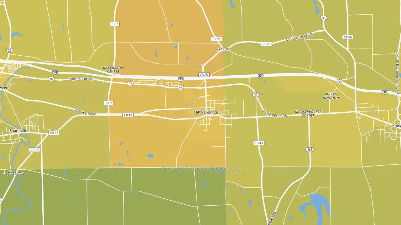 Map of the best neighborhoods in the 14432 area, with better matches in green and worse matches in red