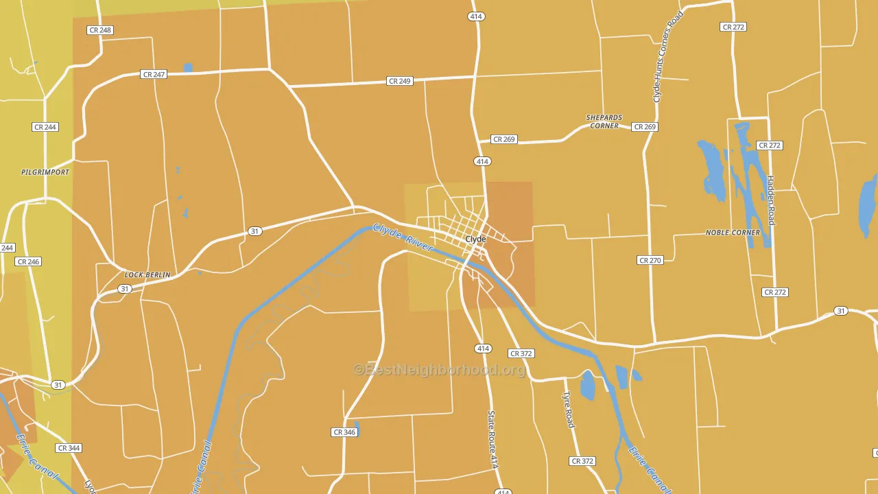 Map of the best neighborhoods in the 14433 area, with better matches in green and worse matches in red