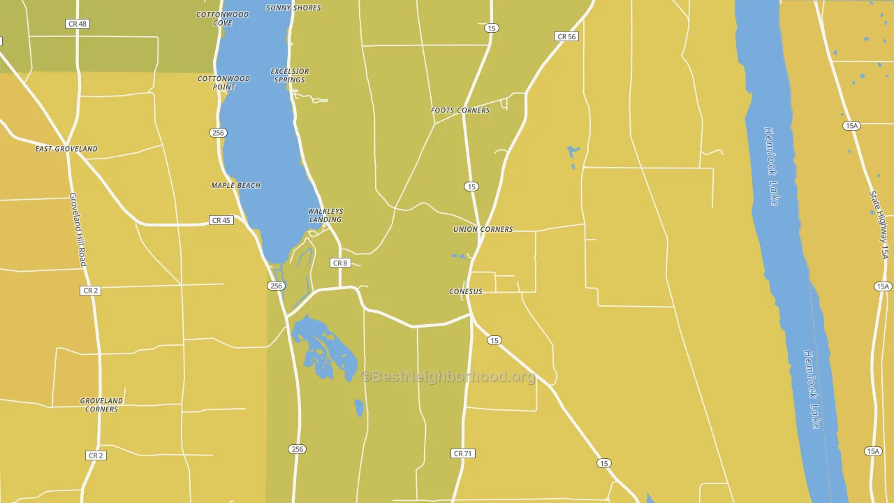 Map of the best neighborhoods in the 14435 area, with better matches in green and worse matches in red