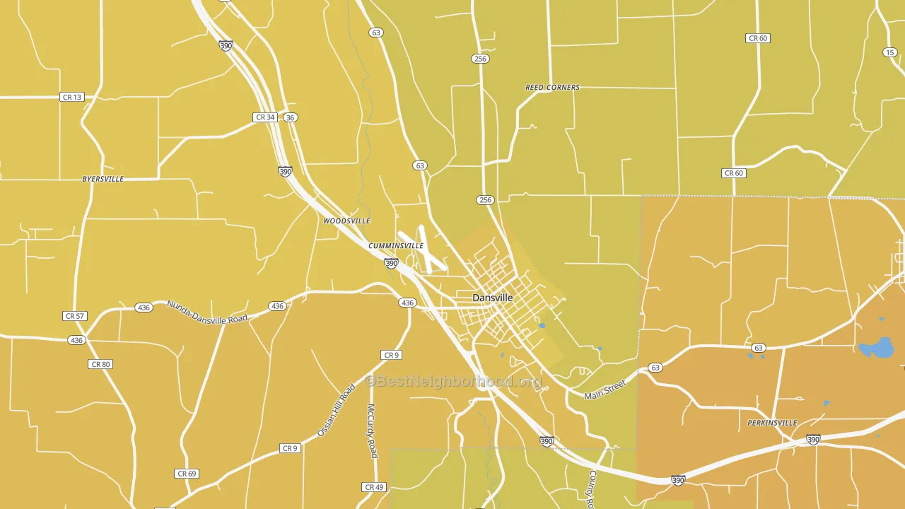 Map of the best neighborhoods in the 14437 area, with better matches in green and worse matches in red