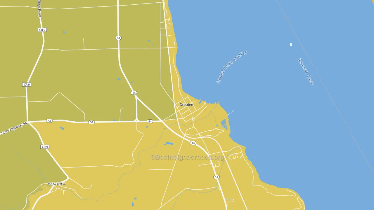 Map of the best neighborhoods in the 14441 area, with better matches in green and worse matches in red