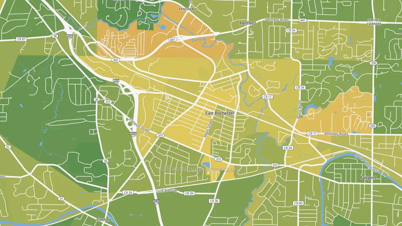 Map of the best neighborhoods in the 14445 area, with better matches in green and worse matches in red