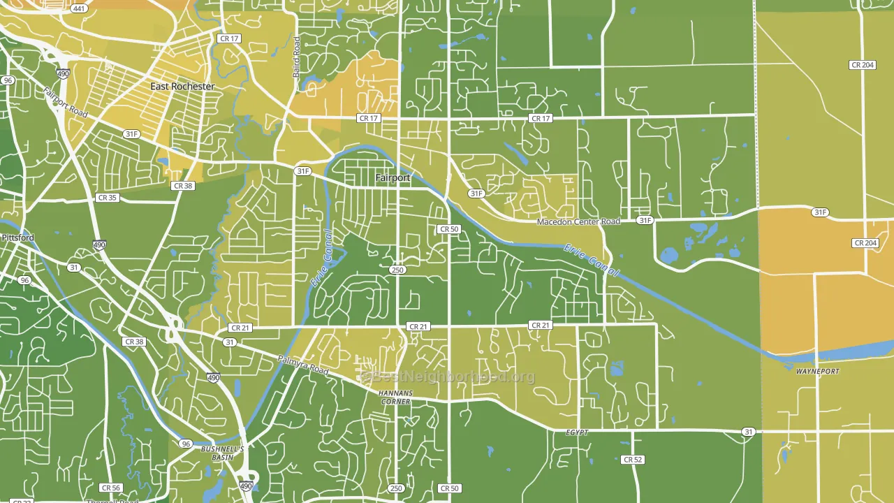 Map of the best neighborhoods in the 14450 area, with better matches in green and worse matches in red