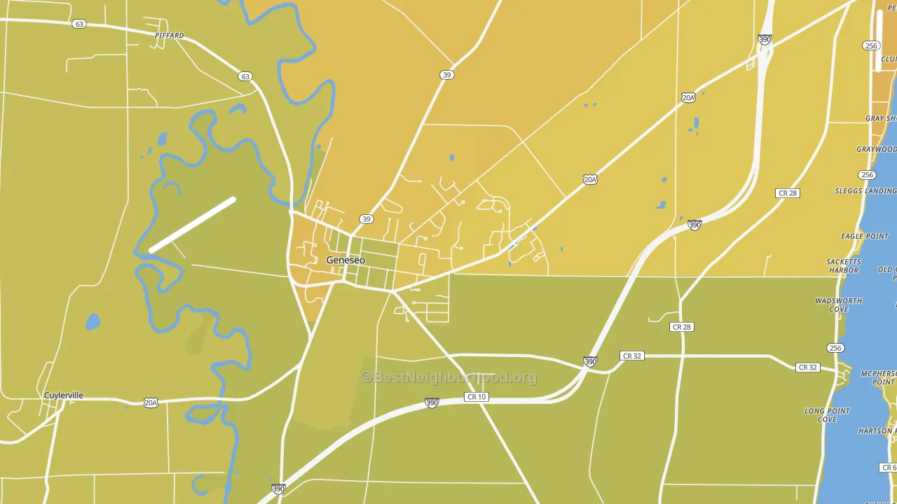 Map of the best neighborhoods in the 14454 area, with better matches in green and worse matches in red