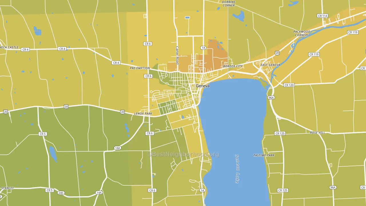 Map of the best neighborhoods in the 14456 area, with better matches in green and worse matches in red