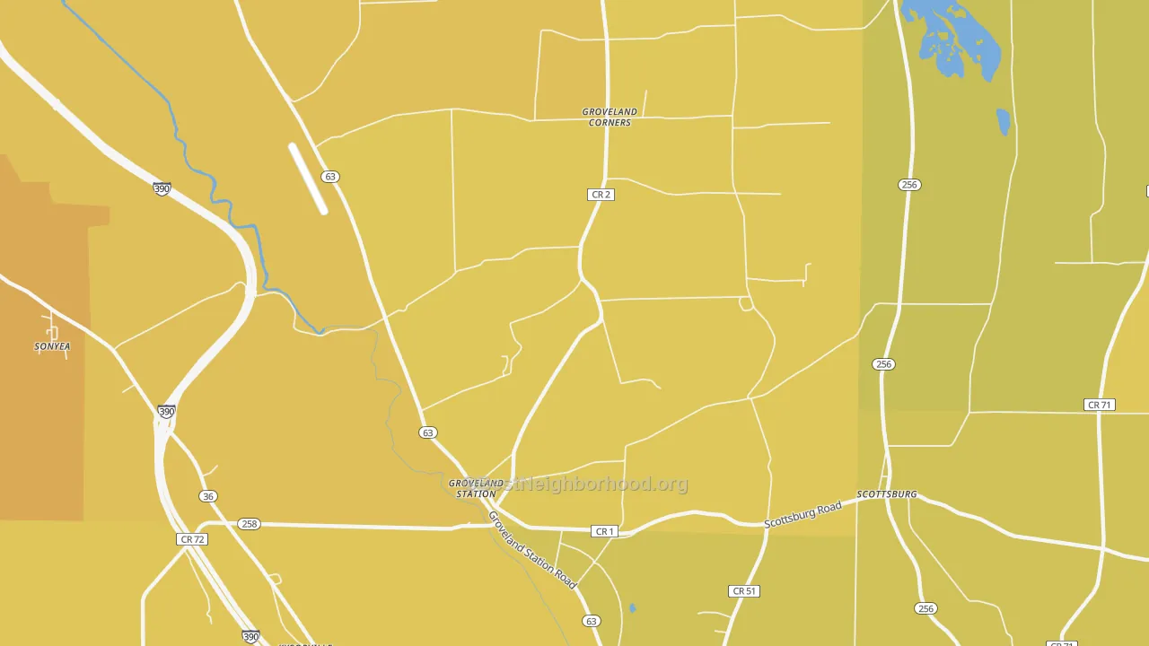 Map of the best neighborhoods in the 14462 area, with better matches in green and worse matches in red