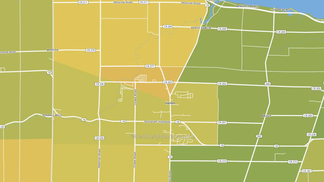 Map of the best neighborhoods in the 14464 area, with better matches in green and worse matches in red