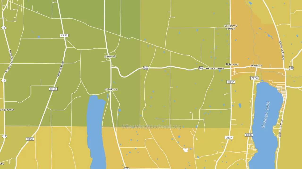Map of the best neighborhoods in the 14466 area, with better matches in green and worse matches in red
