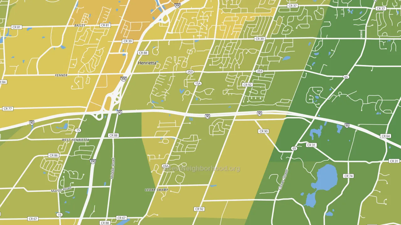 Map of the best neighborhoods in the 14467 area, with better matches in green and worse matches in red