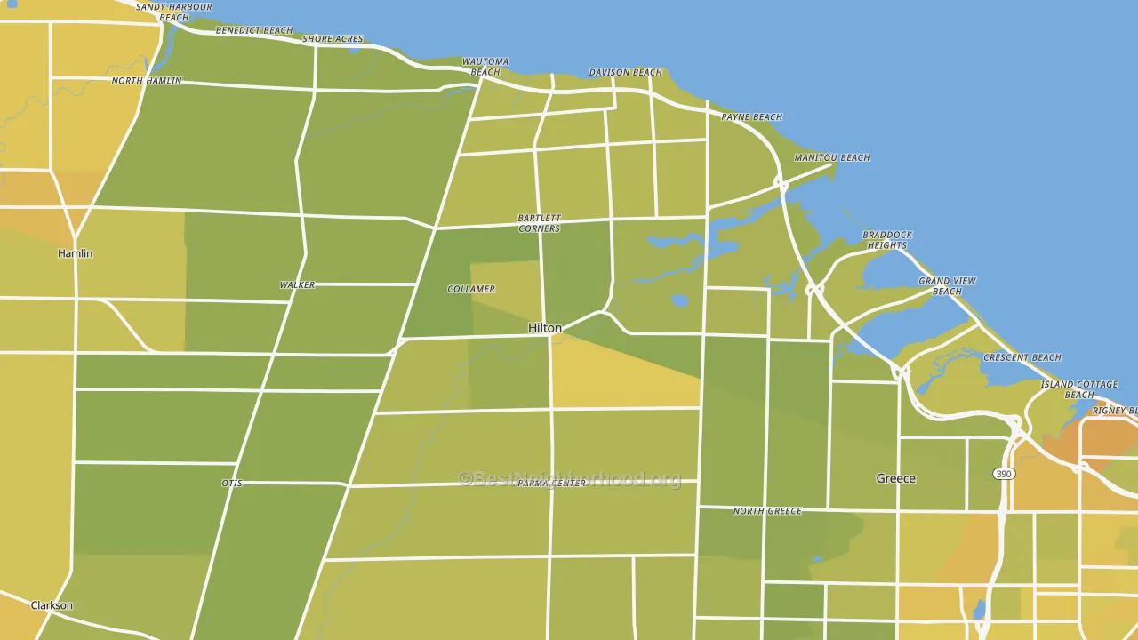 Map of the best neighborhoods in the 14468 area, with better matches in green and worse matches in red