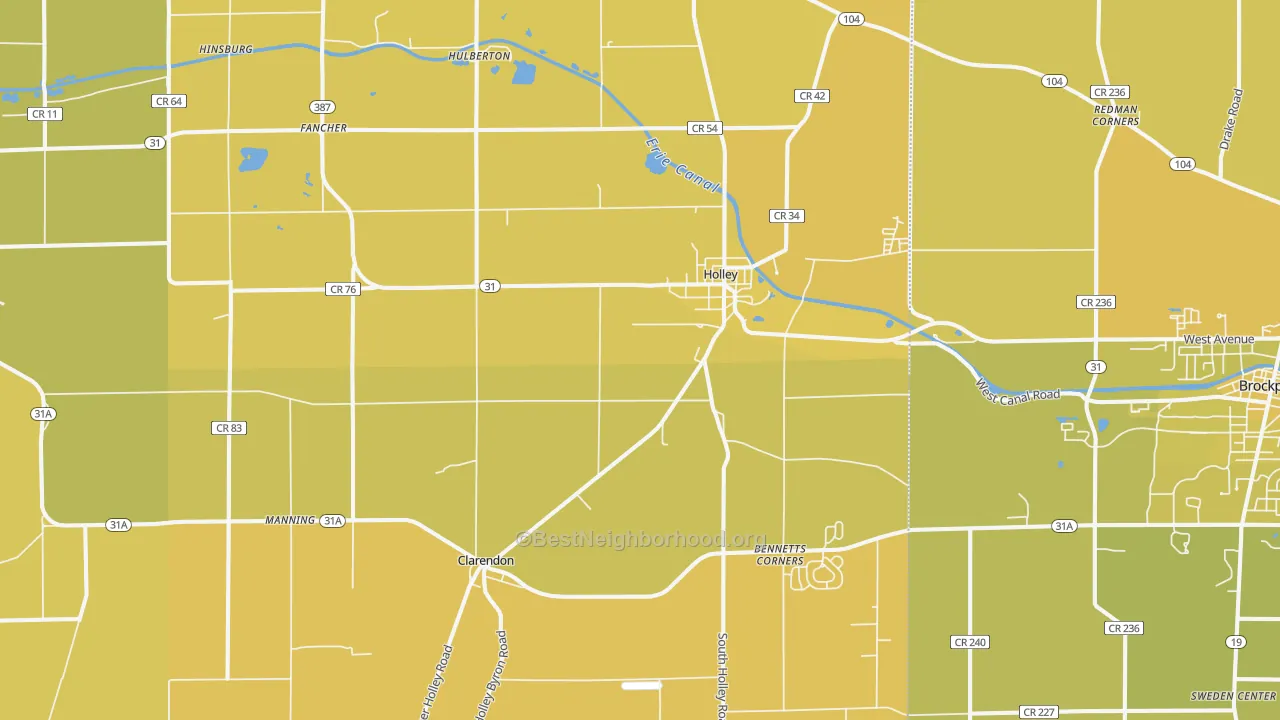 Map of the best neighborhoods in the 14470 area, with better matches in green and worse matches in red