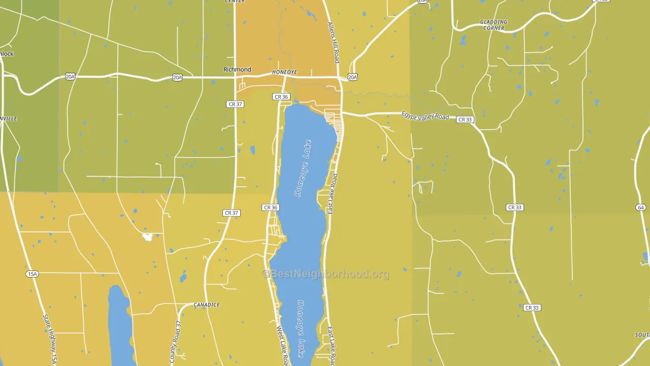 Map of the best neighborhoods in the 14471 area, with better matches in green and worse matches in red