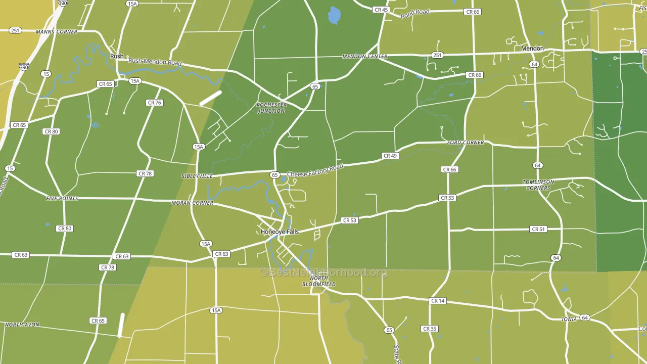 Map of the best neighborhoods in the 14472 area, with better matches in green and worse matches in red