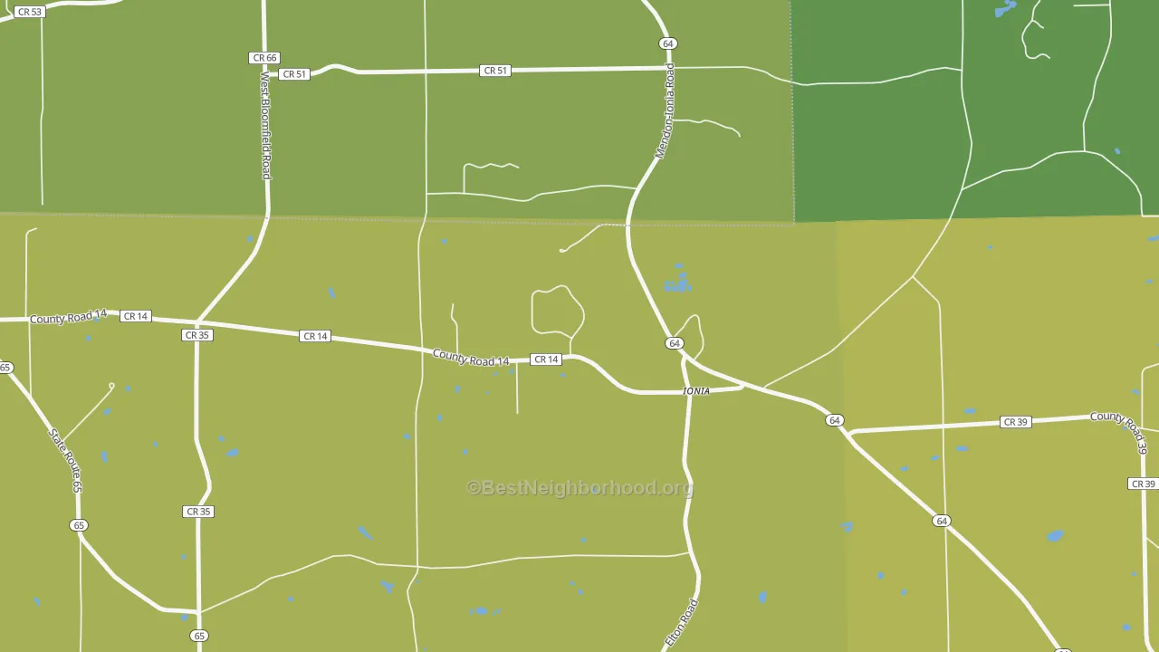 Map of the best neighborhoods in the 14475 area, with better matches in green and worse matches in red