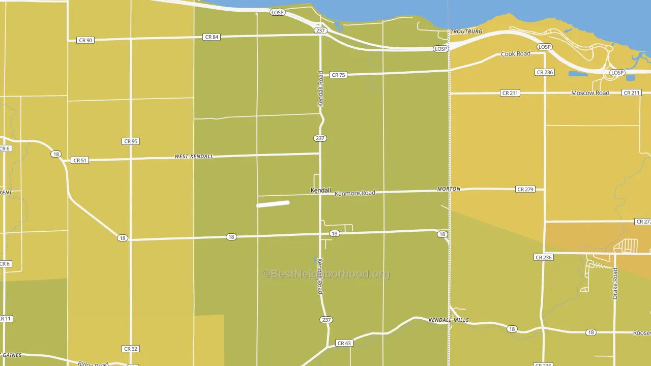Map of the best neighborhoods in the 14476 area, with better matches in green and worse matches in red
