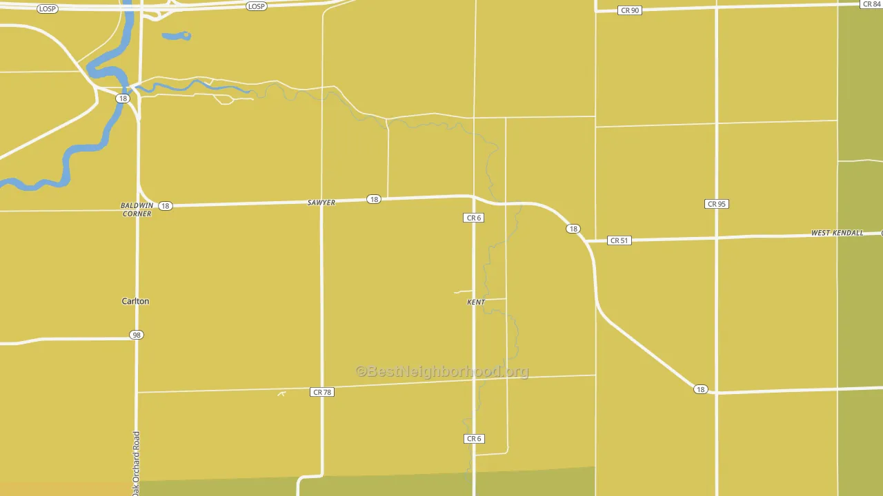 Map of the best neighborhoods in the 14477 area, with better matches in green and worse matches in red