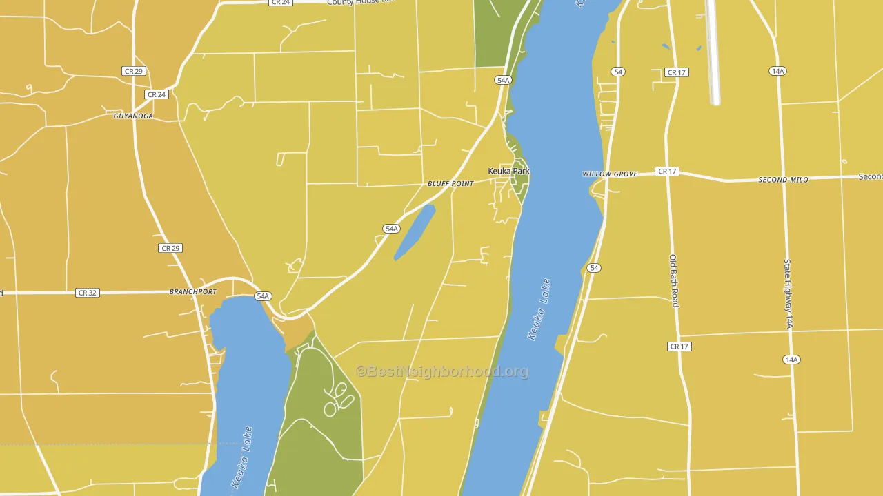 Map of the best neighborhoods in the 14478 area, with better matches in green and worse matches in red