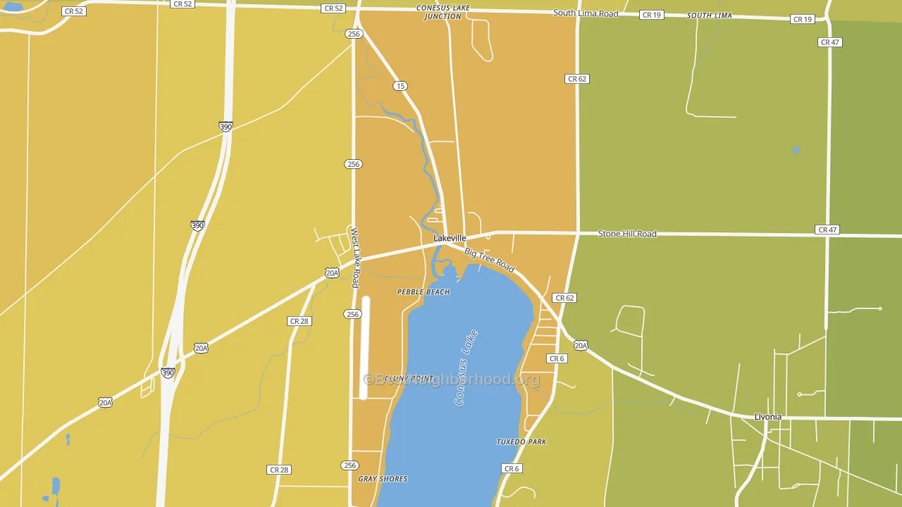 Map of the best neighborhoods in the 14480 area, with better matches in green and worse matches in red