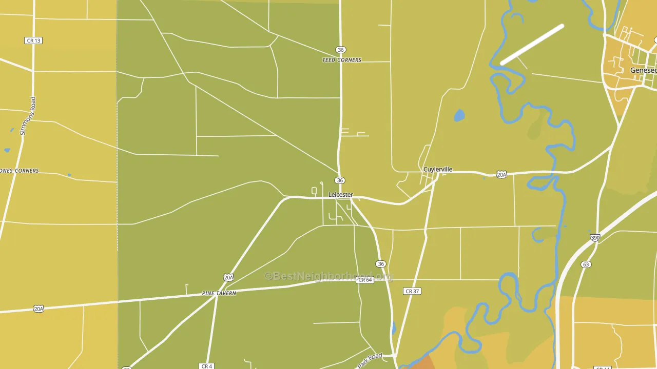 Map of the best neighborhoods in the 14481 area, with better matches in green and worse matches in red
