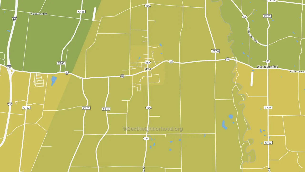 Map of the best neighborhoods in the 14485 area, with better matches in green and worse matches in red