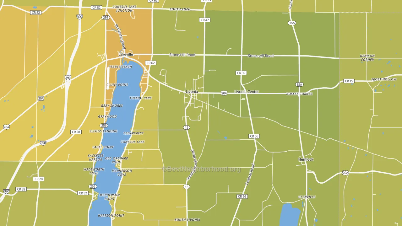 Map of the best neighborhoods in the 14487 area, with better matches in green and worse matches in red
