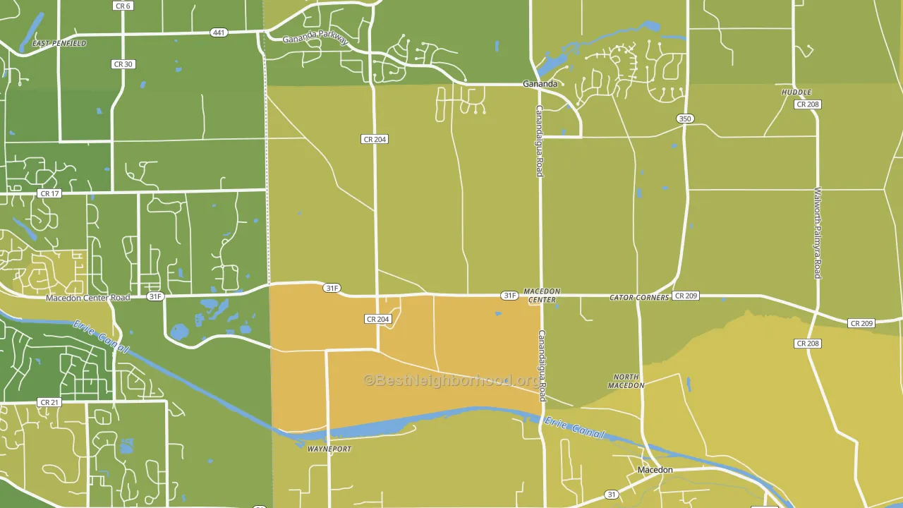 Map of the best neighborhoods in the 14502 area, with better matches in green and worse matches in red