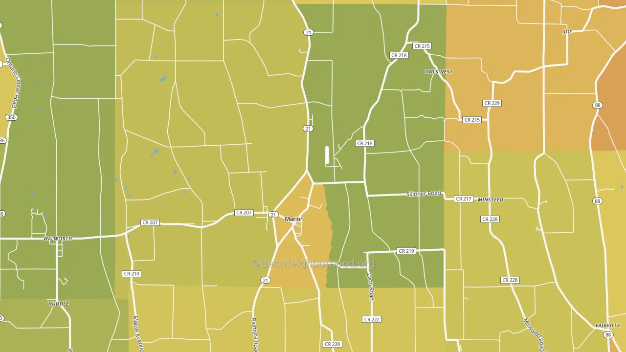 Map of the best neighborhoods in the 14505 area, with better matches in green and worse matches in red