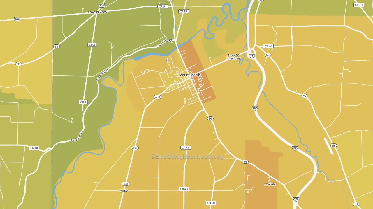 Map of the best neighborhoods in the 14510 area, with better matches in green and worse matches in red