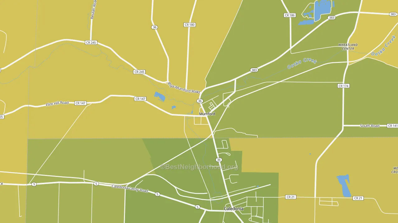 Map of the best neighborhoods in the 14511 area, with better matches in green and worse matches in red