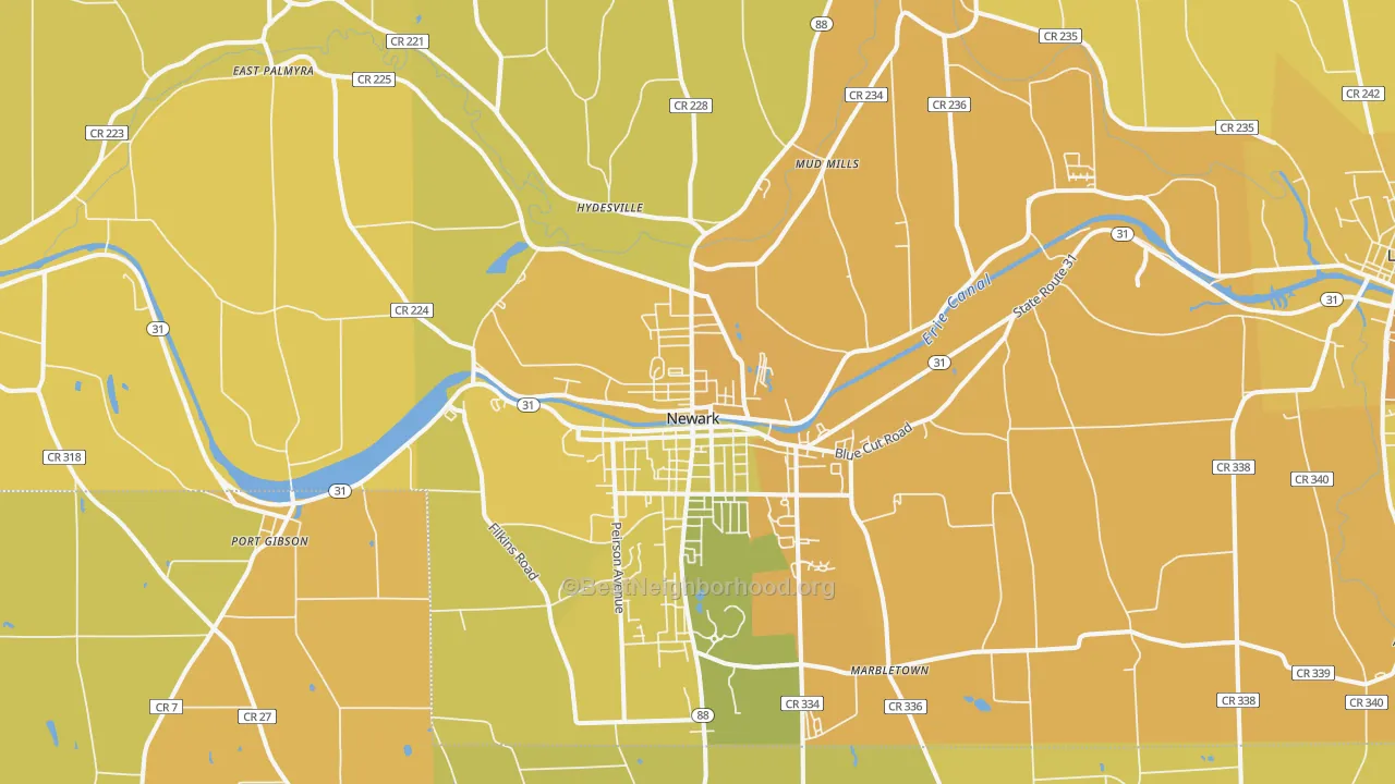Map of the best neighborhoods in the 14513 area, with better matches in green and worse matches in red