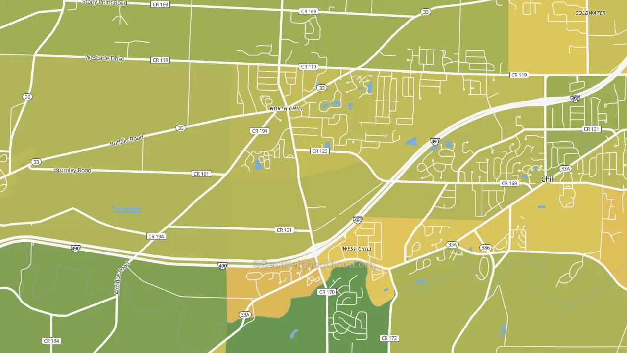 Map of the best neighborhoods in the 14514 area, with better matches in green and worse matches in red
