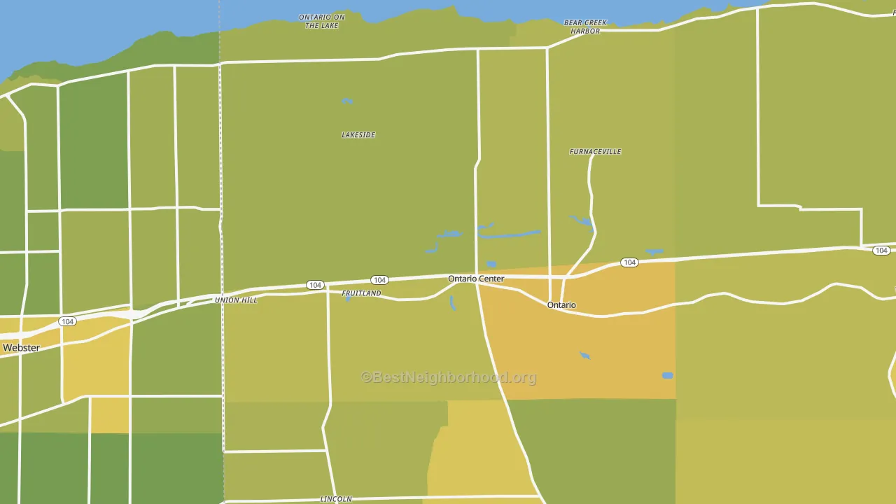 Map of the best neighborhoods in the 14519 area, with better matches in green and worse matches in red