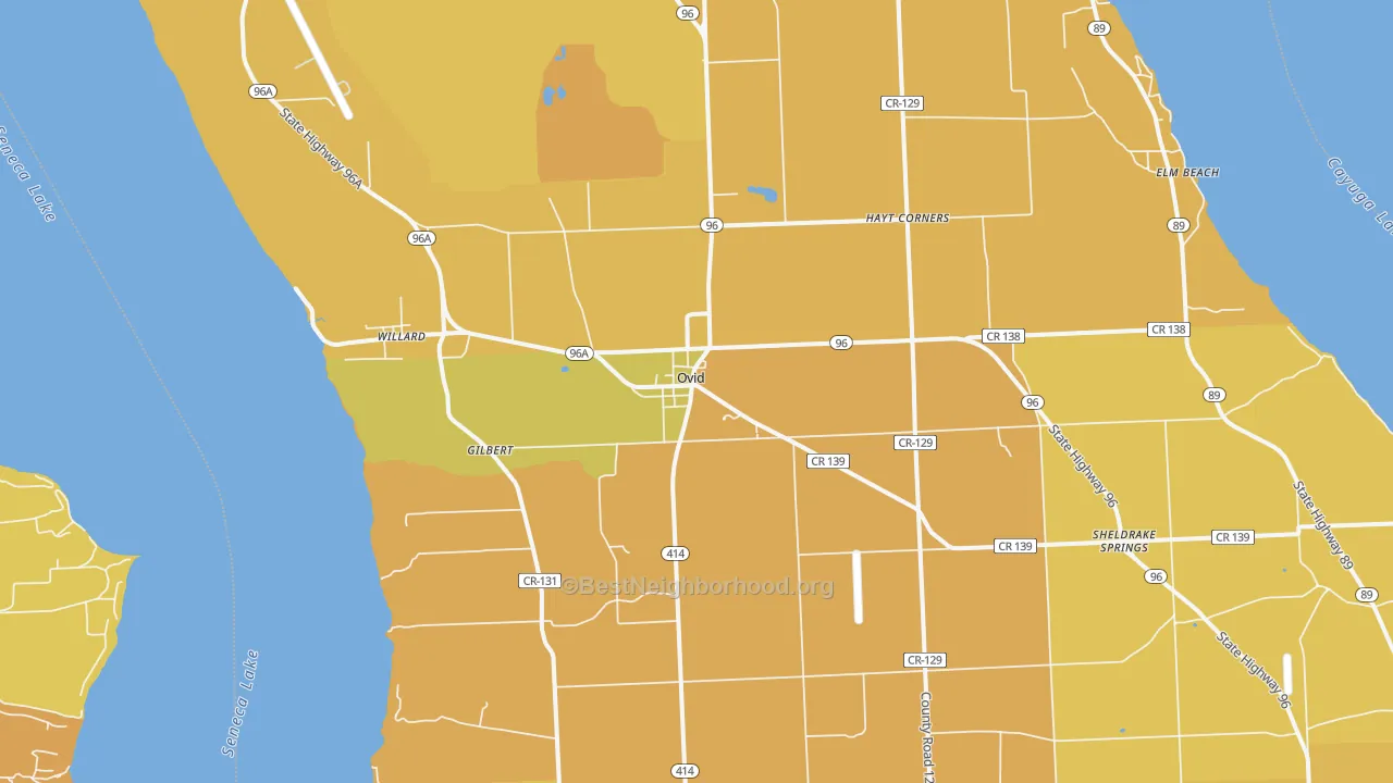 Map of the best neighborhoods in the 14521 area, with better matches in green and worse matches in red