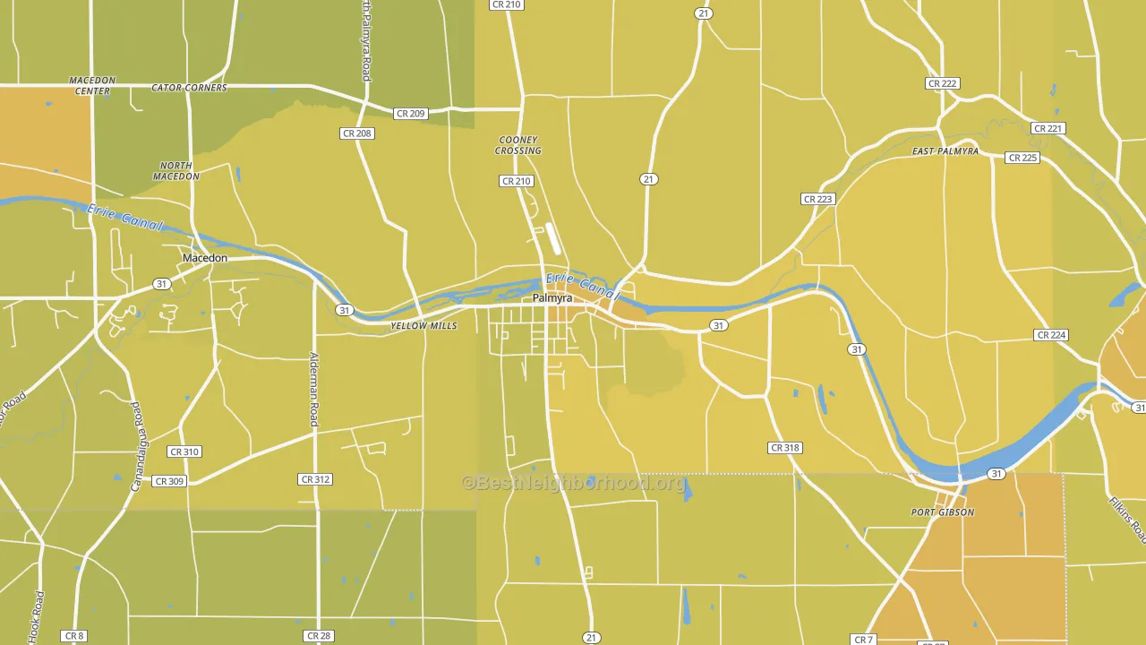 Map of the best neighborhoods in the 14522 area, with better matches in green and worse matches in red