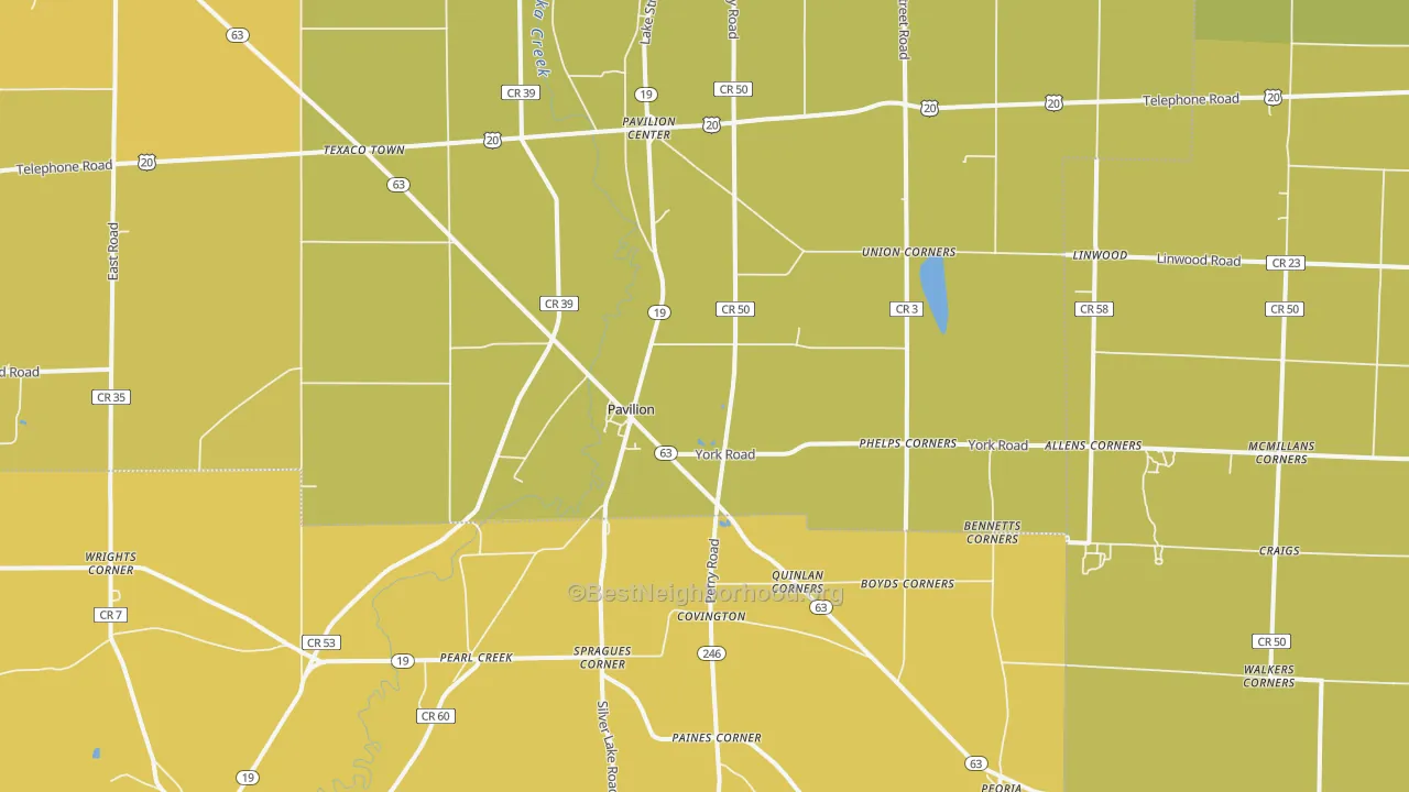 Map of the best neighborhoods in the 14525 area, with better matches in green and worse matches in red