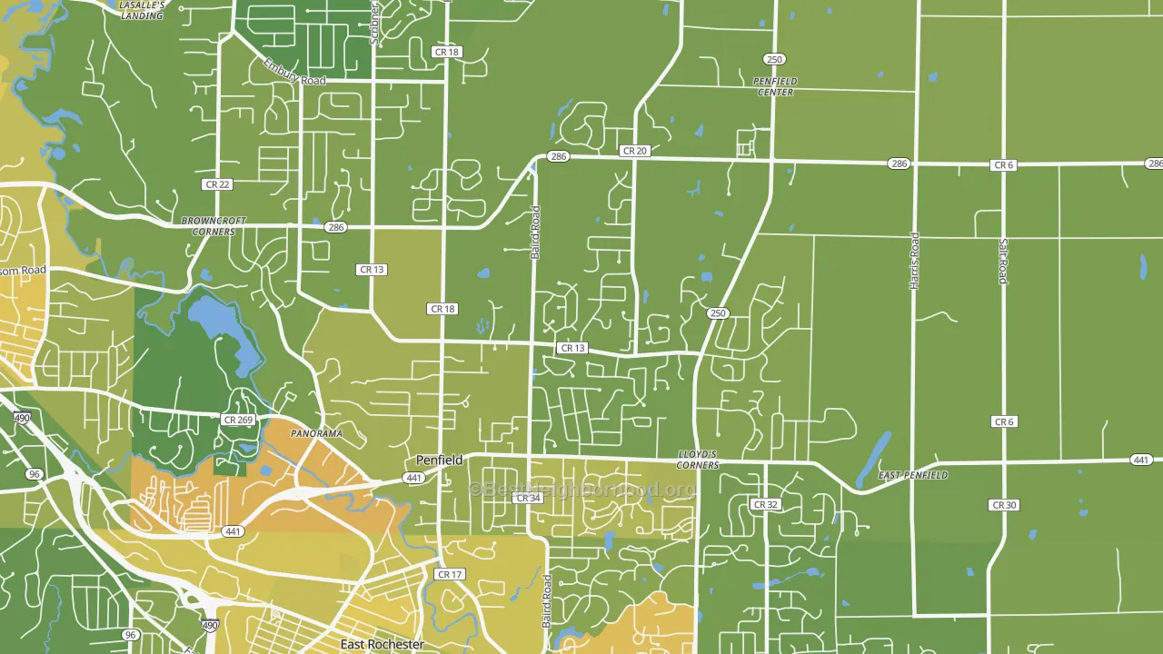 Map of the best neighborhoods in the 14526 area, with better matches in green and worse matches in red