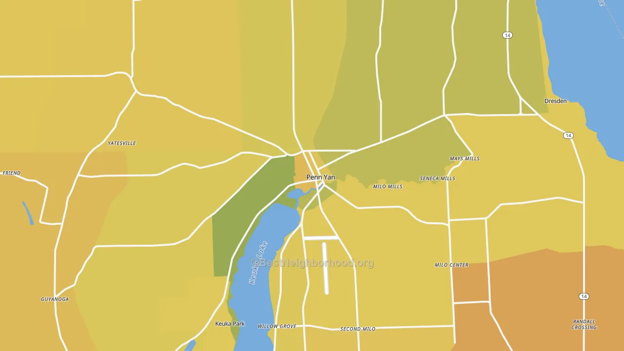 Map of the best neighborhoods in the 14527 area, with better matches in green and worse matches in red