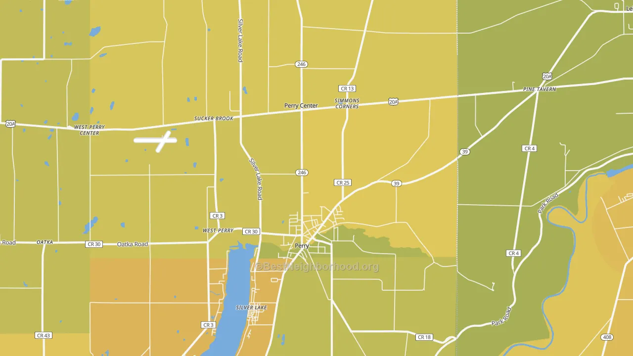 Map of the best neighborhoods in the 14530 area, with better matches in green and worse matches in red