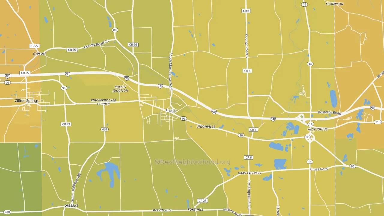 Map of the best neighborhoods in the 14532 area, with better matches in green and worse matches in red
