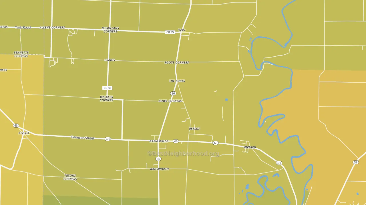 Map of the best neighborhoods in the 14533 area, with better matches in green and worse matches in red