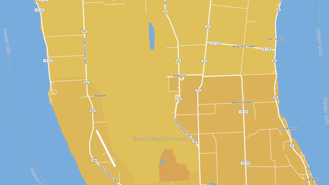 Map of the best neighborhoods in the 14541 area, with better matches in green and worse matches in red